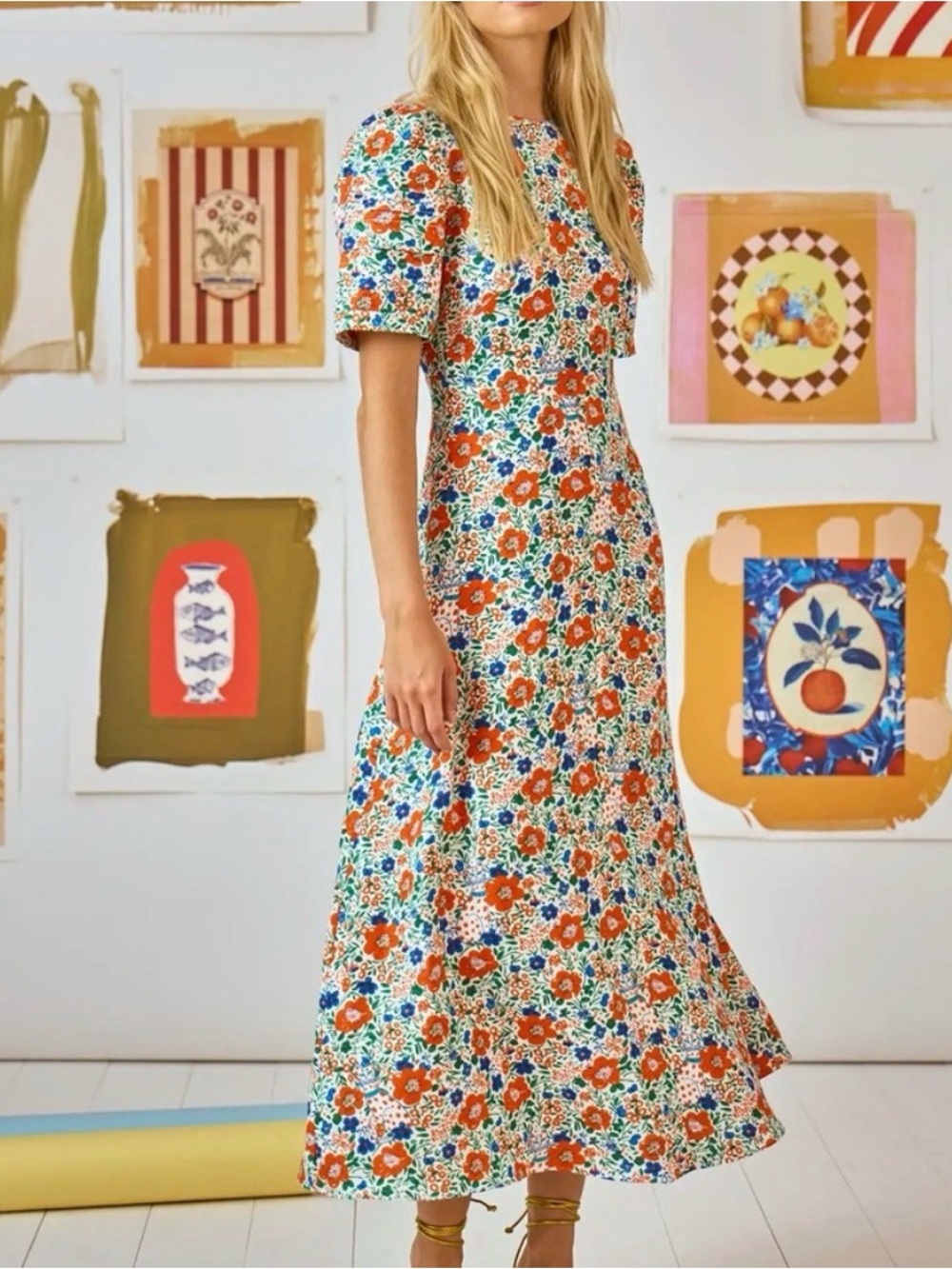 Hunter Bell Floral Casey Dress Puff-Sleeve Maxi in Orange & Blue
